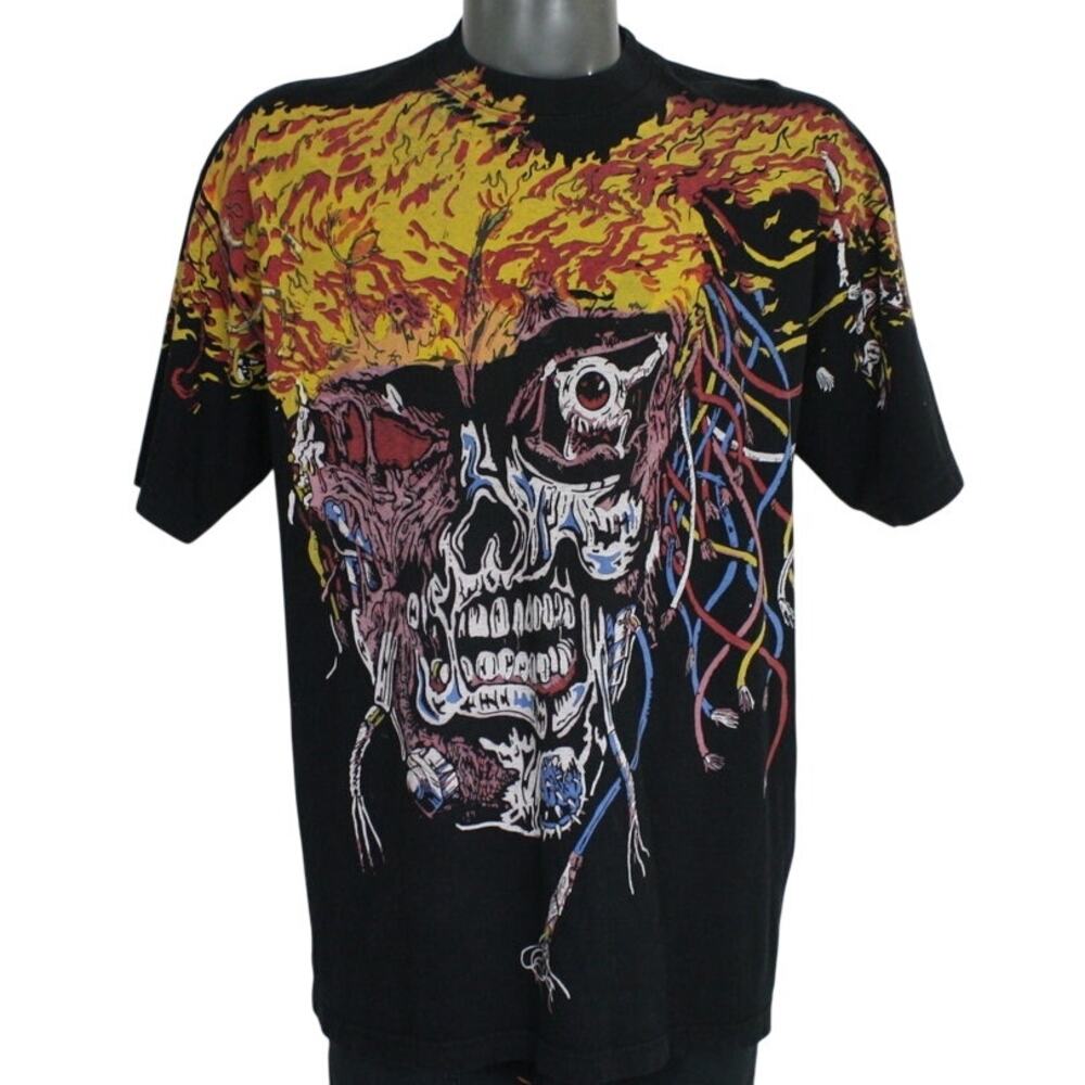 Warren Lotas Terminator Tee Mens L Black Skull Fire Graphic Shirt USA